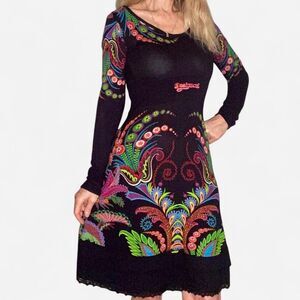 Desigual Black Artistic Dress with Colorful Organic Plant Design